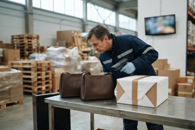 Un inspecteur en tenue de travail scanne un colis posé près de deux sacs en cuir identiques dans un entrepôt.