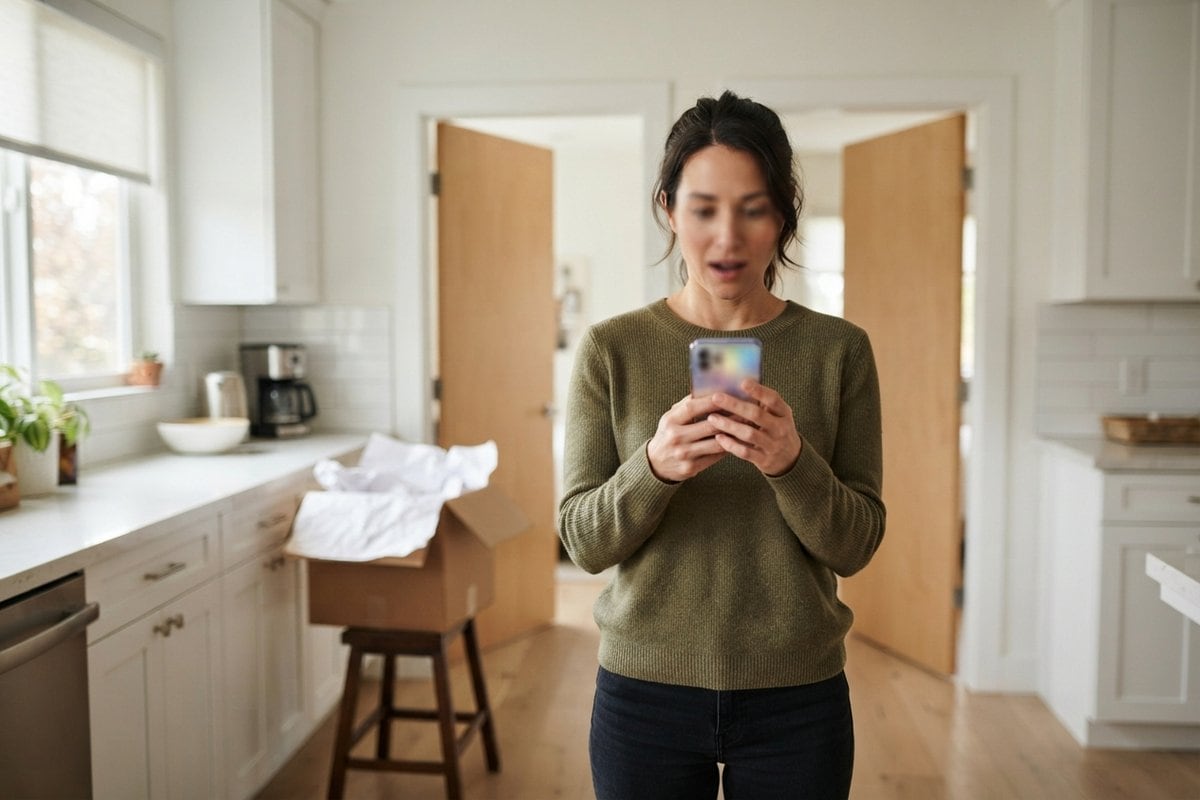 Une femme surprise regarde son smartphone dans une cuisine, deux portes ouvertes derrière elle
