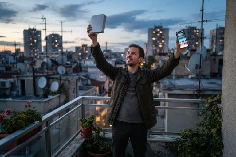 Un homme sur un balcon au crépuscule brandit une petite borne blanche et regarde son téléphone
