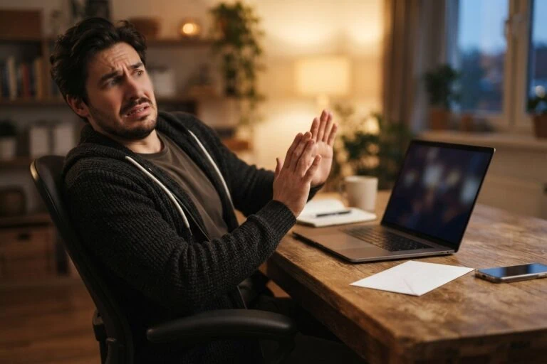 Un homme recule de son ordinateur portable en levant les mains, l'air méfiant, une enveloppe blanche sur le bureau