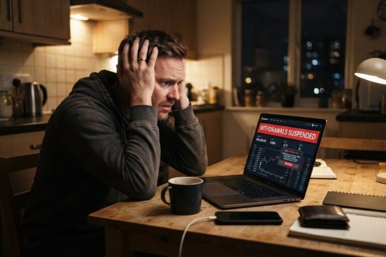 Un homme se tient la tête devant un ordinateur portable affichant un bandeau rouge « Withdrawals suspended »