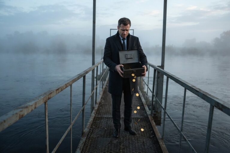 Homme en manteau sombre sur une passerelle métallique, laissant échapper des pièces dorées d'un coffret ouvert