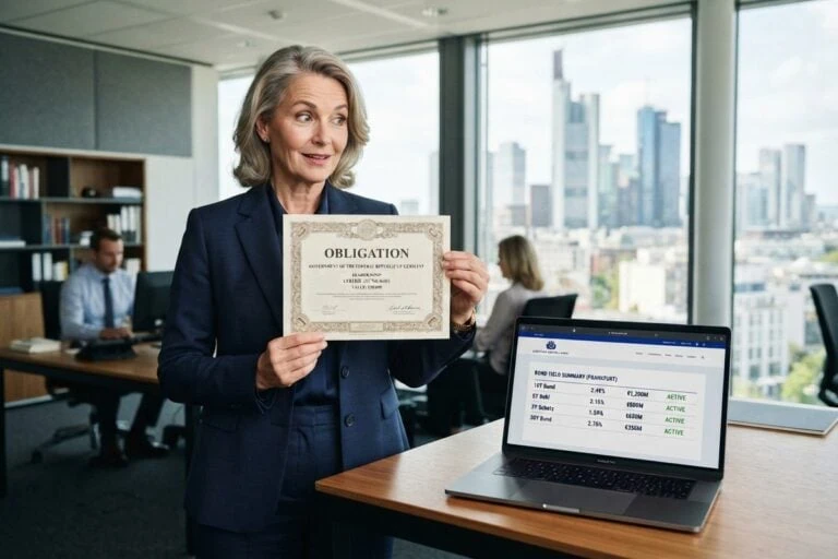 Une femme en costume bleu marine brandit un certificat d'obligation devant un ordinateur portable, bureau à Francfort