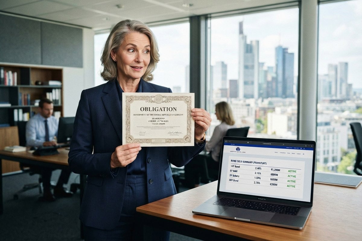 Une femme en costume bleu marine brandit un certificat d'obligation devant un ordinateur portable, bureau à Francfort