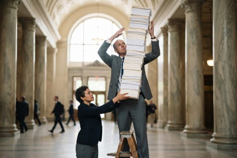 Un homme debout sur un escabeau retient une haute pile de rapports vierges dans un hall à colonnes de marbre