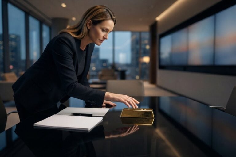 Femme en blazer penchée sur une table en verre noir, la main tendue vers un lingot d'or et son reflet