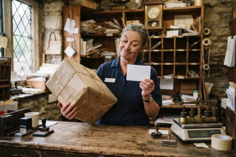 Une postière tient un gros colis en papier kraft dans une main et une petite enveloppe blanche dans l'autre.