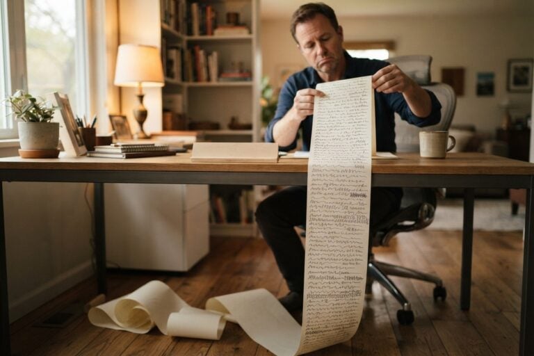 Un homme déroule jusqu'au sol une longue bande de papier couverte de signes illisibles, près d'une plaque vierge