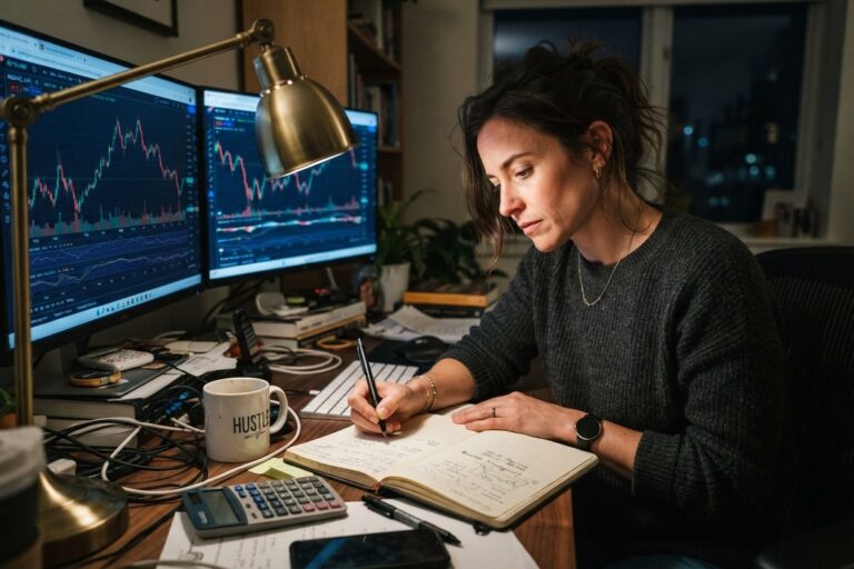 Une femme écrit à la main dans un carnet devant deux écrans affichant des graphiques en chandeliers, le soir.