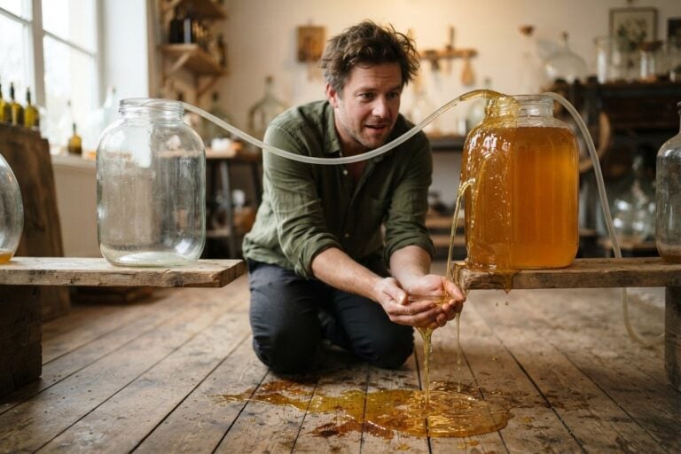 Un homme agenouillé tente de retenir à mains nues le liquide qui déborde d'un bocal relié à un second, vide