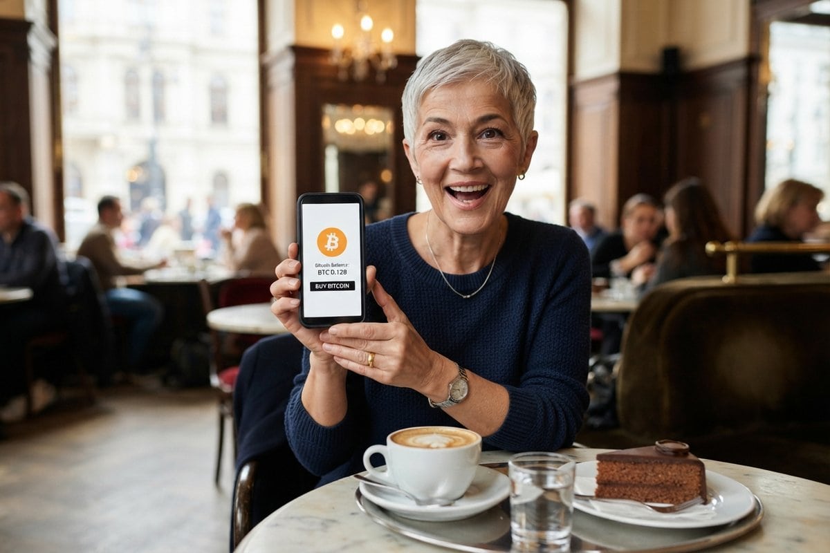 Femme souriante dans un café viennois montrant un smartphone affichant le logo Bitcoin et un bouton « Buy Bitcoin »