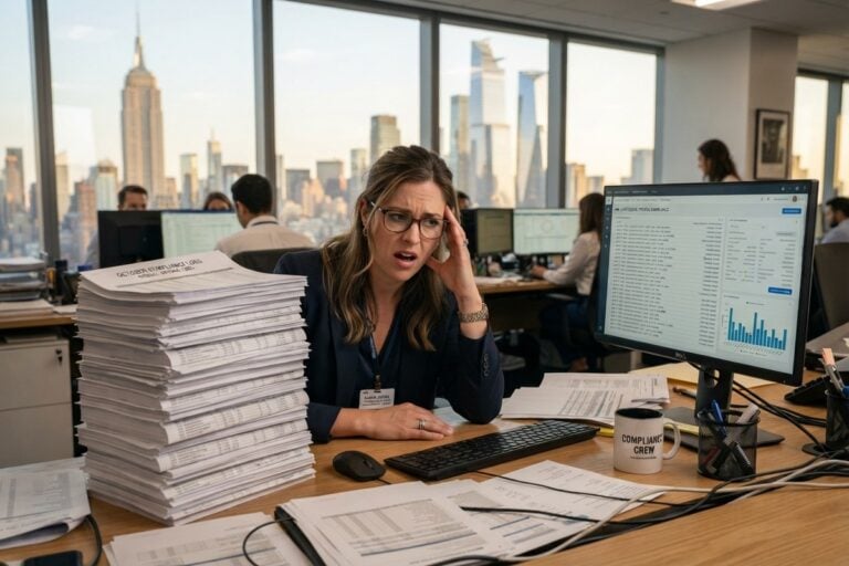 Une responsable de conformité accablée devant une pile de rapports et un écran d'alertes de transactions