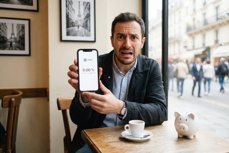 Homme dépité dans un café parisien montrant un smartphone qui affiche USDC à 0,00 %, une tirelire blanche sur la table
