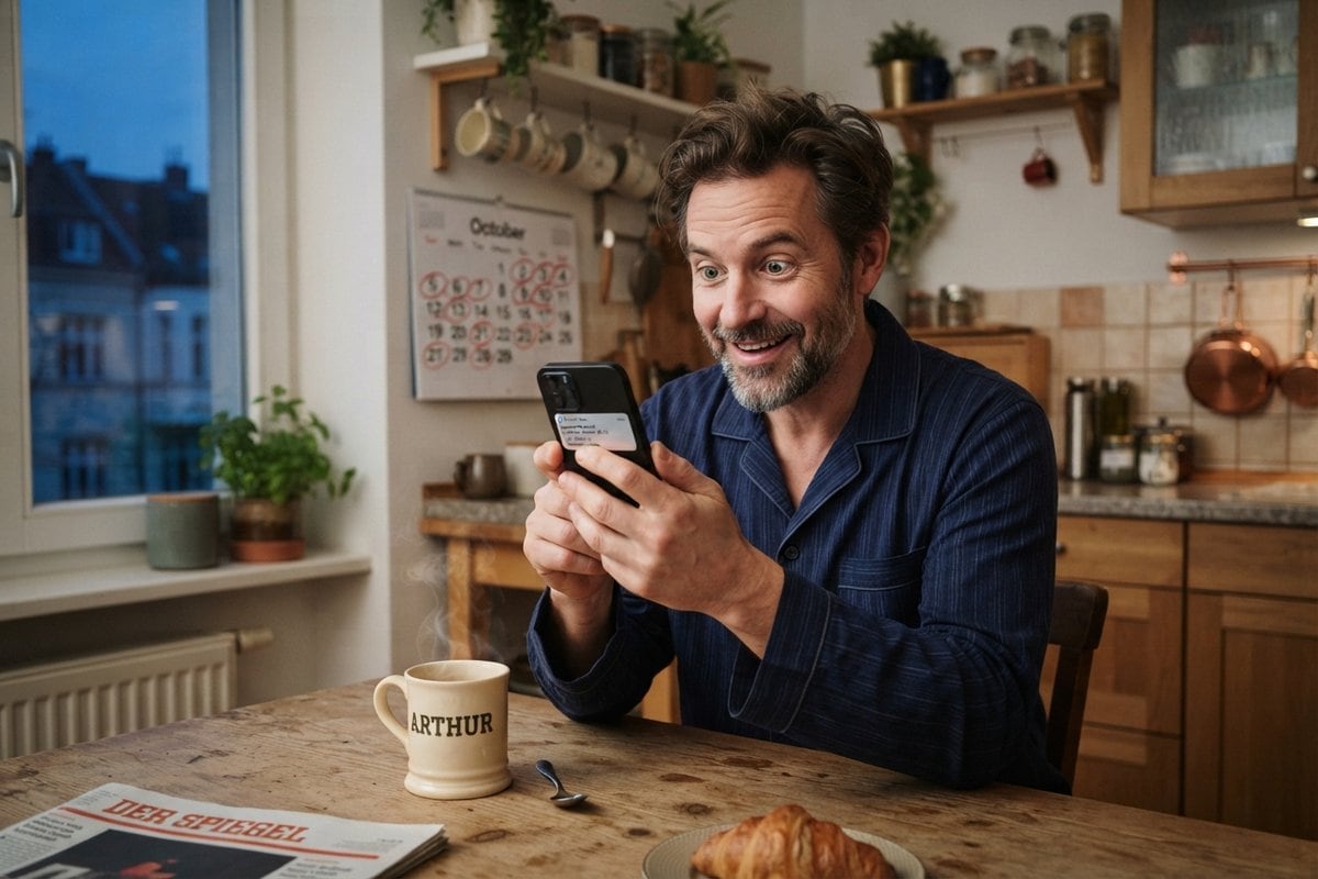 Homme en pyjama souriant devant son smartphone dans sa cuisine, calendrier aux jours entourés de rouge au mur