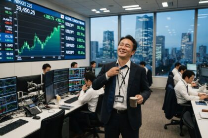 Un trader japonais desserre sa cravate dans une salle de marché de Tokyo devant un écran affichant le Nikkei en hausse