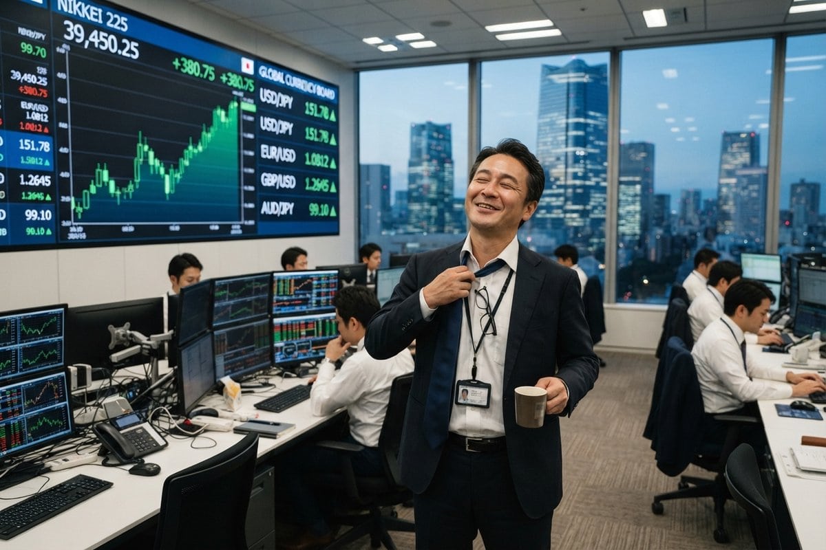 Un trader japonais desserre sa cravate dans une salle de marché de Tokyo devant un écran affichant le Nikkei en hausse