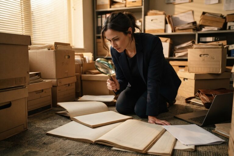 Une femme en blazer sombre examine à la loupe de grands registres ouverts, entourée de cartons d'archives