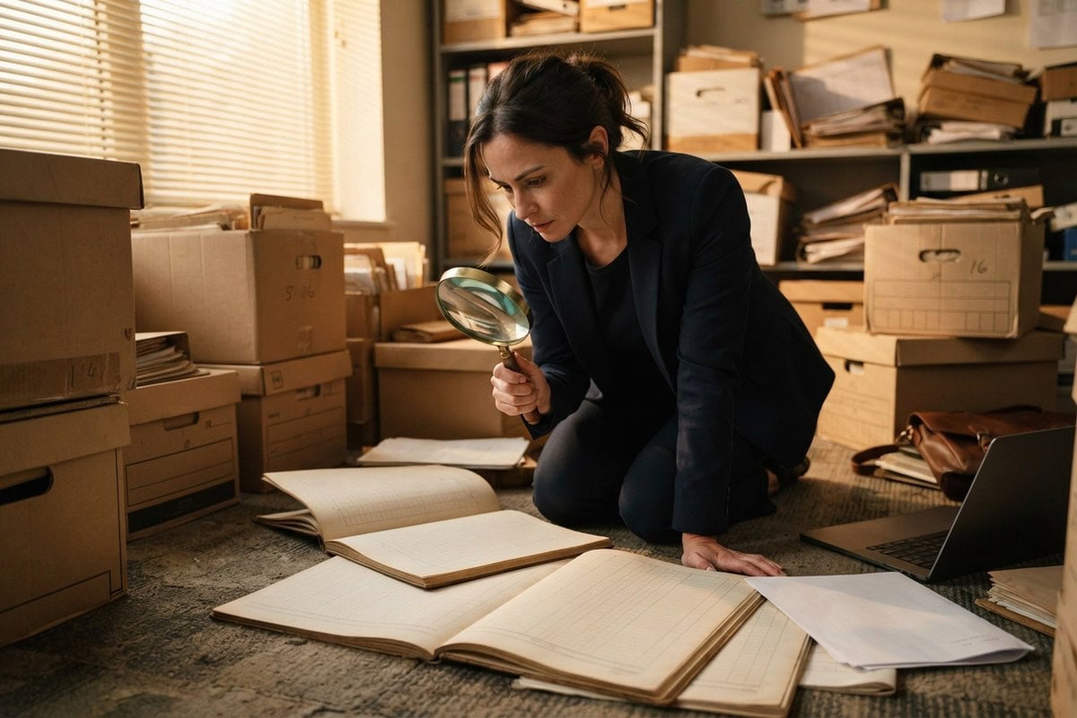 Une femme en blazer sombre examine à la loupe de grands registres ouverts, entourée de cartons d'archives