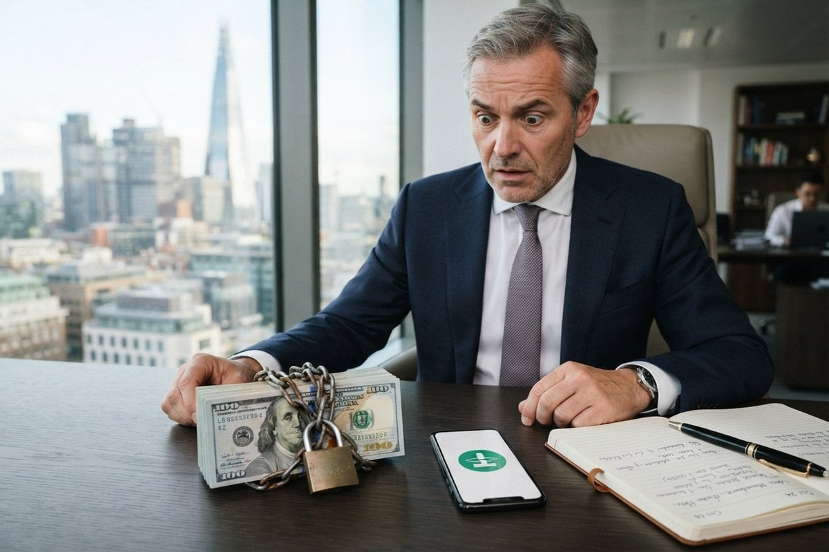 Homme d'affaires stupéfait devant une liasse de dollars enchaînée et cadenassée, près d'un smartphone au logo Tether