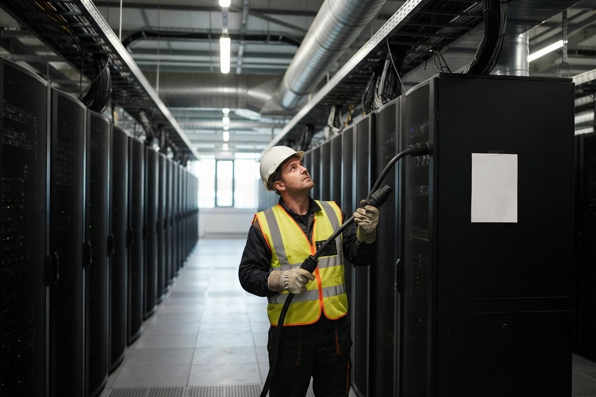 Un technicien en casque blanc et gilet jaune tient un gros câble d'alimentation dans une allée de datacenter