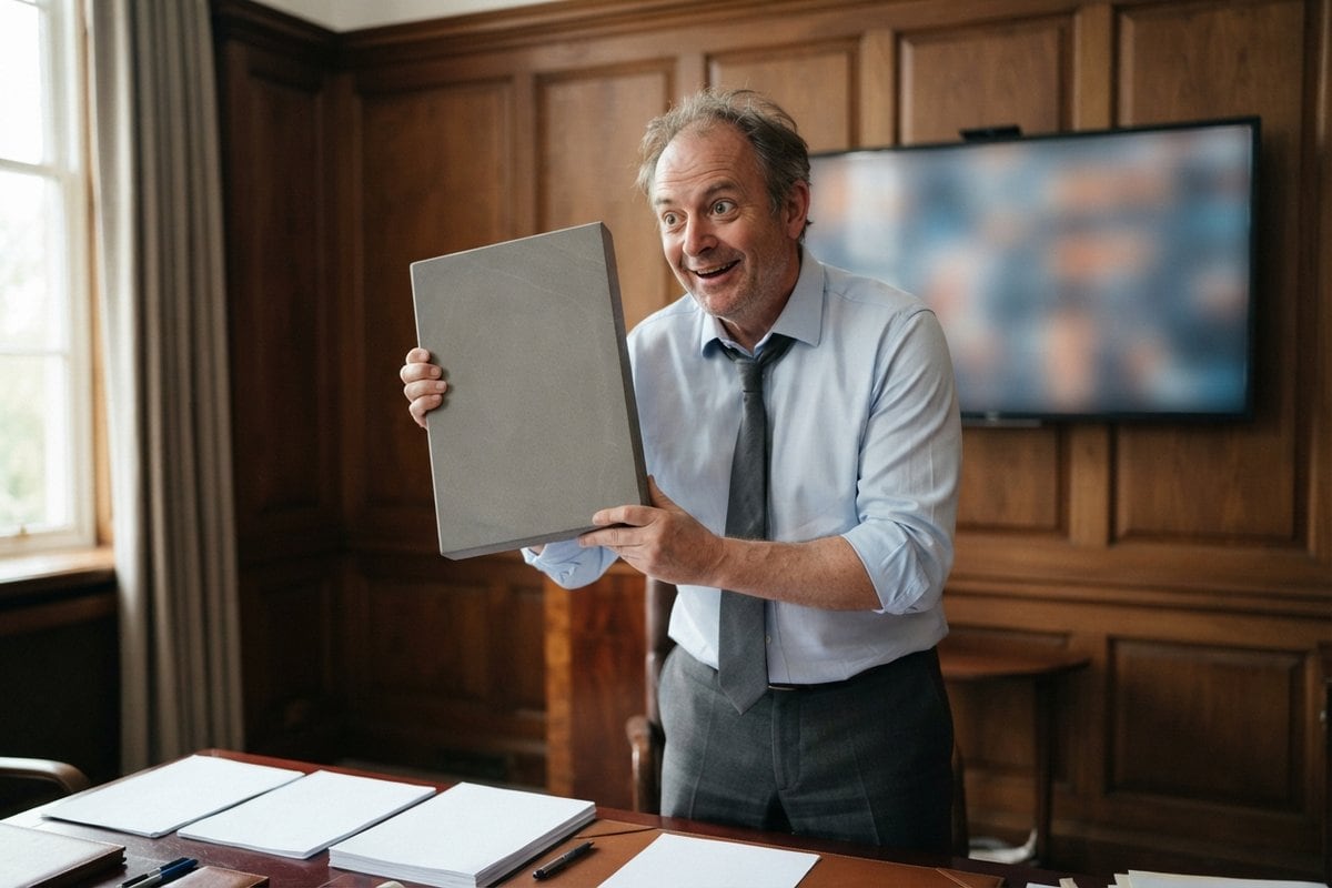 Un homme en chemise et cravate brandit une plaque de pierre vierge dans un bureau lambrissé, devant un écran flou