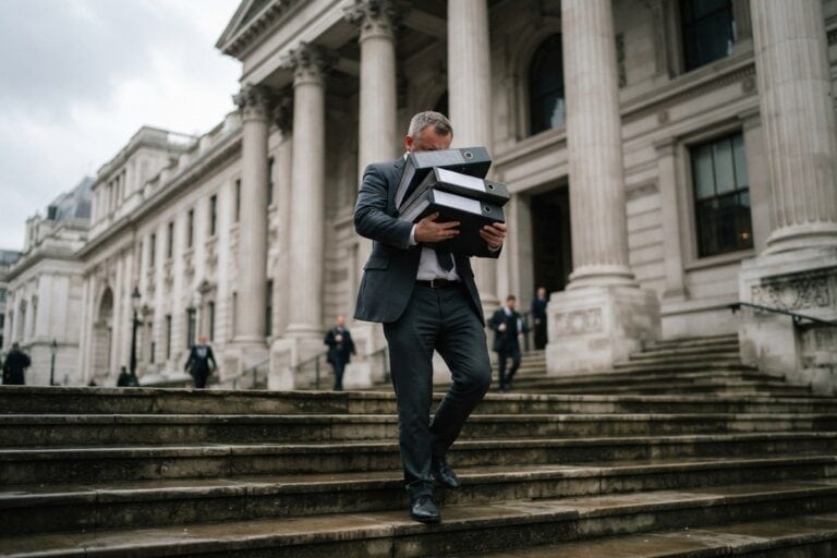 Un homme en costume descend les marches d'un bâtiment à colonnes en serrant trois épais classeurs