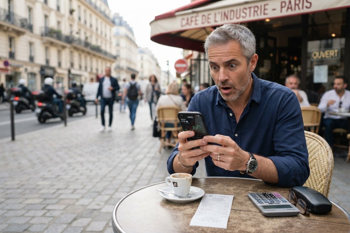 Homme surpris regardant un graphique boursier sur son smartphone à la terrasse d'un café parisien, calculatrice sur la table
